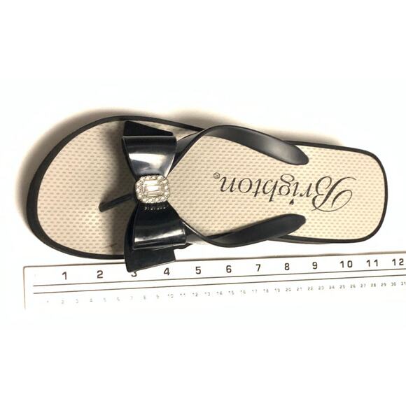 BRIGHTON Bowie Wedge Womens Shoes Black Flip Flops Black Bow & Rhinestone Sz. 10 - Picture 4 of 9